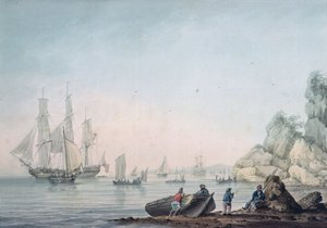 Vista Marinha, com barco e figuras em uma costa